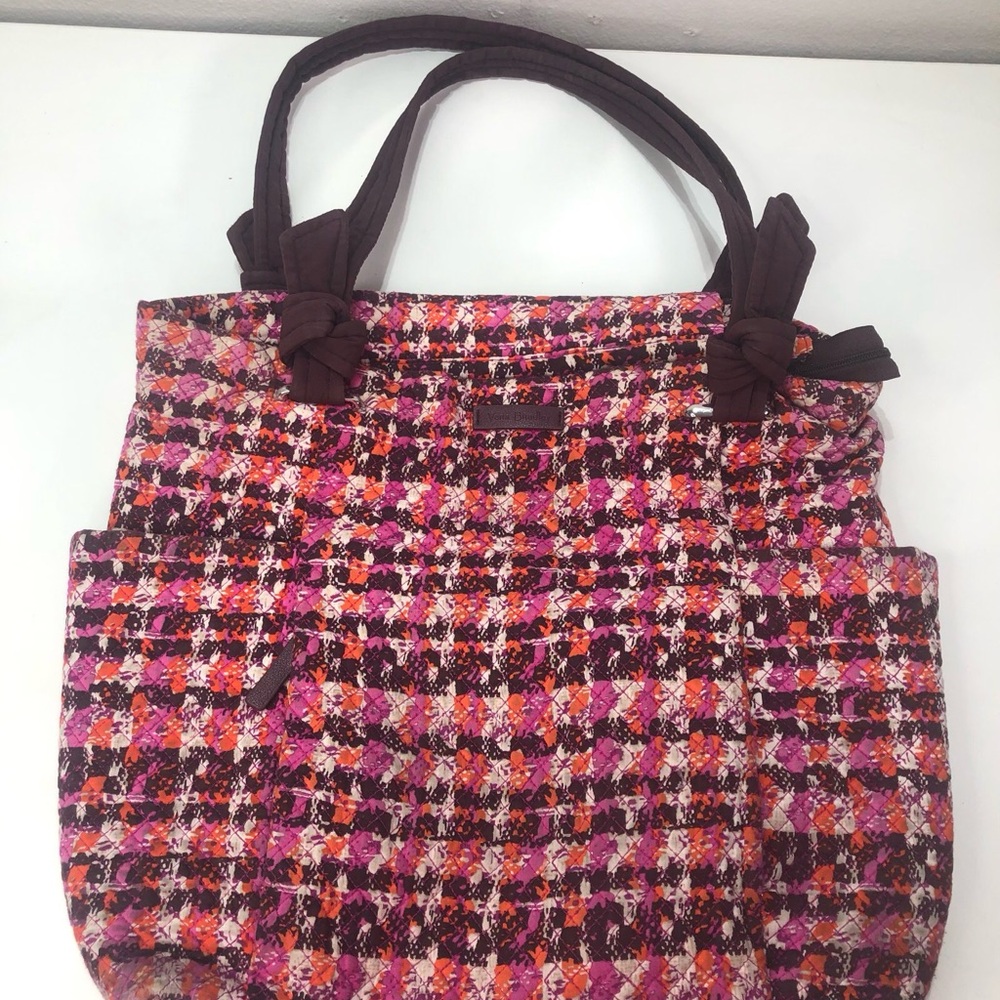 Vera Bradley Hadley Tote Purse Bag Pink Plaid Picnic Boho Art VBL16 Tweed